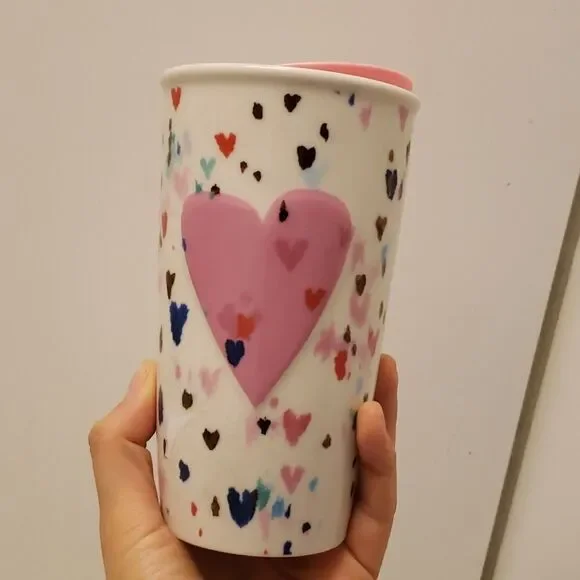 𝅺starbucks Pink Lid Hearts Ceramic 10 oz Hot Drink Tumbler - Picture 3 of 8